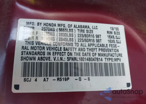 2004 Honda Odyssey Ex-L z USA, uszkodzony, nr VIN 5FNRL18014B047814